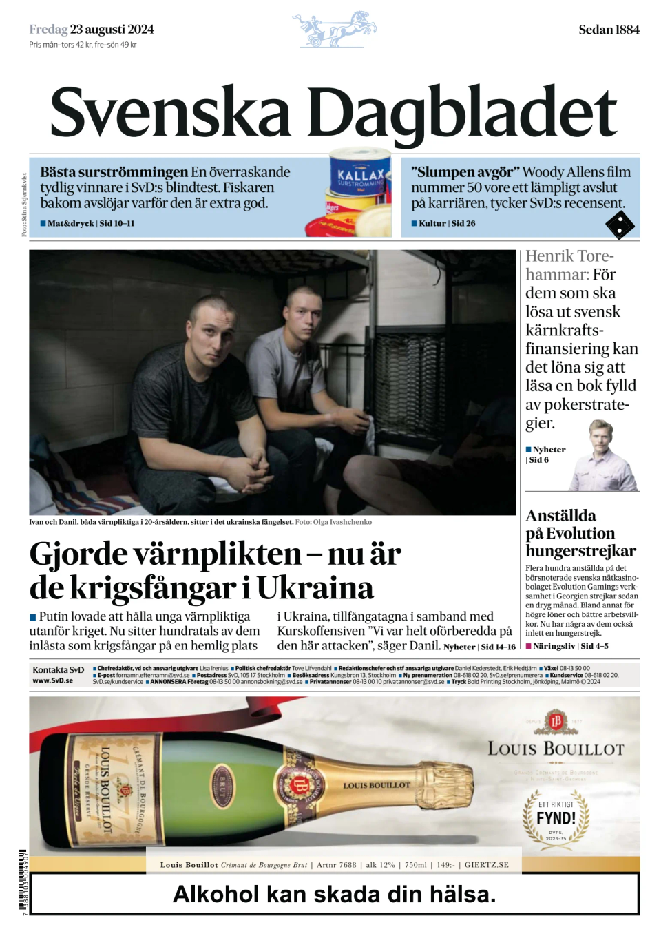 Prima-pagina-Svenska Dagbladet-edizione-di-oggi-20240823